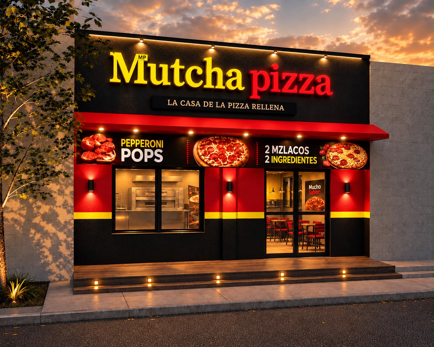 Fachada de sucursal Mutcha Pizza Mx